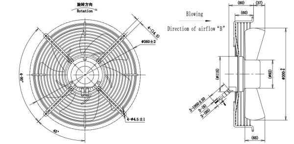 LWAE3G300ST-5PEW-04 外形尺寸图,Ø300mm EC轴流风机安装尺寸