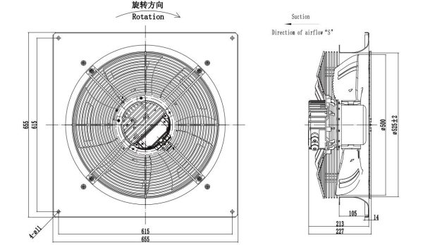 LWAE3G500SS-5PKW-12 外形尺寸图,Ø500mm EC轴流风机安装尺寸
