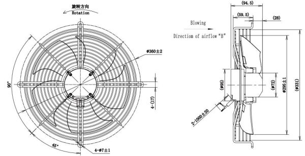 LWAE3G300ST-5PEW-13 外形尺寸图，Ø300mm EC轴流风机安装尺寸