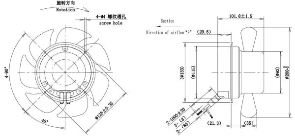 LWAE3G200SS-7MNW-07 外形尺寸图,Ø200mm EC轴流风机安装尺寸