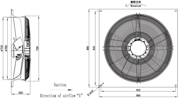 LWAE3G710SS-5MEW-01 外形尺寸图，Ø710mm EC轴流风机安装尺寸