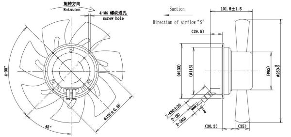 LWAE3G250SS-7MNW-01 外形尺寸图，Ø250mm EC轴流风机安装尺寸