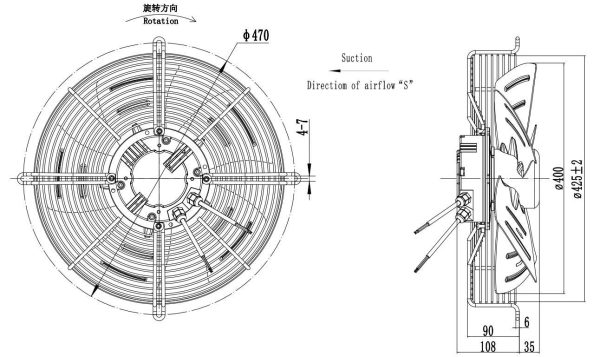 LWAE3G400SS-5MEW-09 外形尺寸图，Ø400mm EC轴流风机安装尺寸